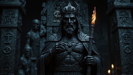 Obraz premium Statue of Hades, the king of the underworld, dressed in black robes and holding a scepter, set against the dark underworld and the gates of darkness, with death and fate symbols carved on the base.