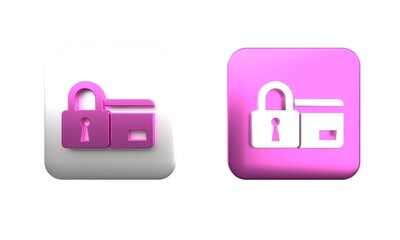 Colorful Credit card with lock icon isolated on white background. Locked bank card. Security, safety, protection concept. Concept of a safe payment. Square button. 3D render illustration