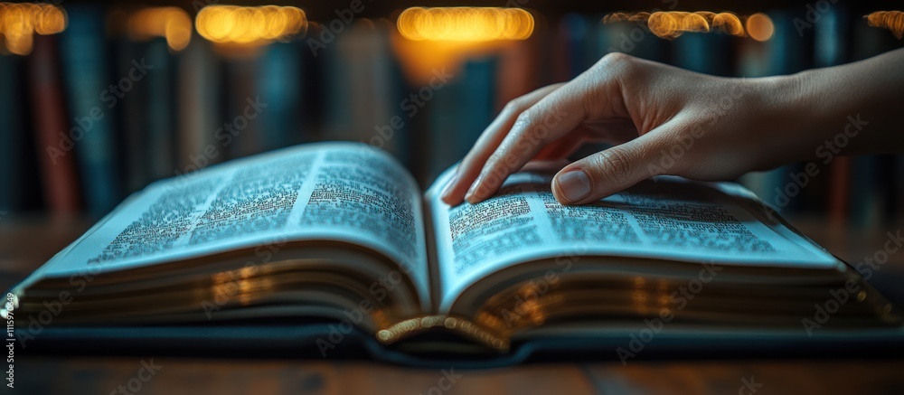 Poster hand gently resting on open book pages in dim light.