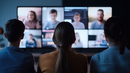 Fototapeta premium A group of people watching a video conference on a large screen, engaged with various participants displayed in separate video feeds.