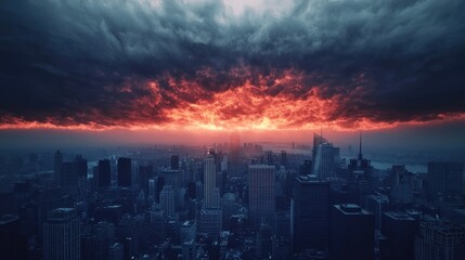 Fototapeta premium A dramatic sunset illuminates dark storm clouds over a city skyline, creating a striking contrast between nature and urban architecture.