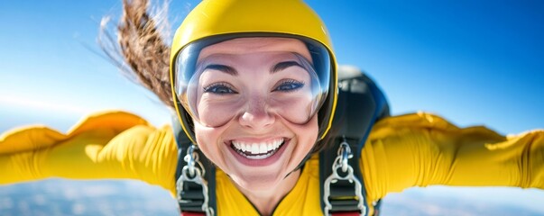 Fototapeta premium Cheerful young woman in a bright yellow jumpsuit and helmet skydiving against a backdrop of blue sky and clouds