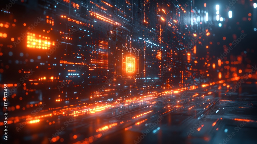 Poster futuristic digital data stream flowing through a network.