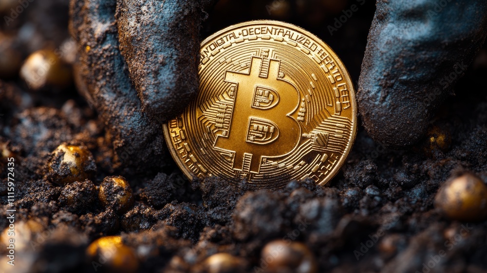 Poster bitcoin coin emerging from soil, concept of cryptocurrency mining