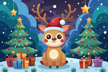 Vector_a rosy-cheeked fawn in a Santa hat sits between two elegant fir trees in a winter forest, under the trees there are many boxes with gifts