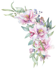 Obraz premium Floral watercolor corner, peonies, eucalyptus leaves, berries, rustic, artistic, botanical, delicate, timeless, hand-painted border