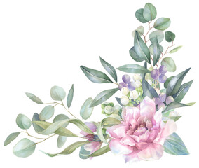 Floral watercolor corner, peonies, eucalyptus leaves, berries, rustic, artistic, botanical, delicate, timeless, hand-painted border