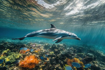 Obraz premium kids-boy and girl- watching fishes in aquarium. Beautiful simple AI generated image