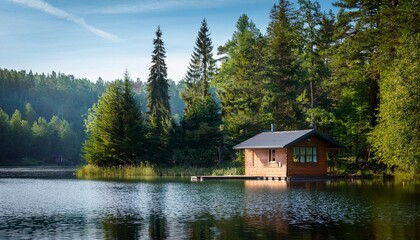 a small cabin sits on a lake surrounded by trees