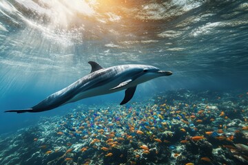 Obraz premium kids-boy and girl- watching fishes in aquarium. Beautiful simple AI generated image