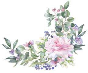 Floral watercolor corner, peonies, eucalyptus leaves, berries, rustic, artistic, botanical, delicate, timeless, hand-painted border