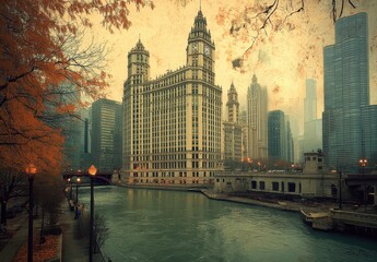 Fototapeta premium Charming Autumn View of Chicago River Featuring Historic Architecture Amidst Urban Landscape with Vibrant Fall Foliage and Serene Waters
