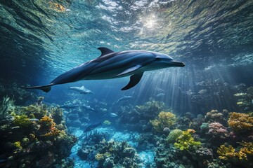 Obraz premium Two Pacific white-sided dolphins, Lagenorhynchus obliquidens, swimming underwater. Closeup. 4K. Beautiful simple AI generated image