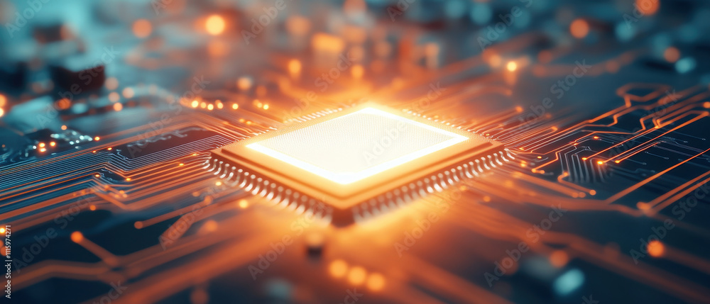 Poster close-up of a glowing microchip on a circuit board, highlighting advanced technology and detailed el