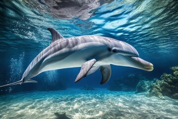 Naklejka premium Two Pacific white-sided dolphins, Lagenorhynchus obliquidens, swimming underwater. Closeup. 4K. Beautiful simple AI generated image