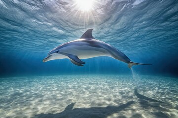 Fototapeta premium Two Pacific white-sided dolphins, Lagenorhynchus obliquidens, swimming underwater. Closeup. 4K. Beautiful simple AI generated image