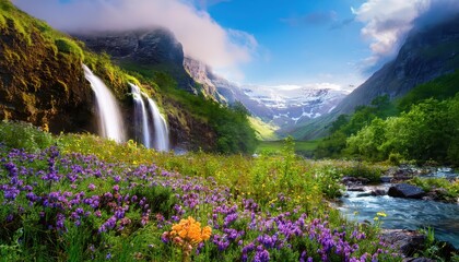 Thundering waterfall splits the valley, a primal force of nature revealing earth's raw, untamed beauty.

