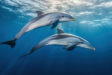 Obraz premium Two Pacific white-sided dolphins, Lagenorhynchus obliquidens, swimming underwater. Closeup. 4K. Beautiful simple AI generated image