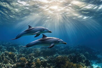 Obraz premium Two Pacific white-sided dolphins, Lagenorhynchus obliquidens, swimming underwater. Closeup. 4K. Beautiful simple AI generated image