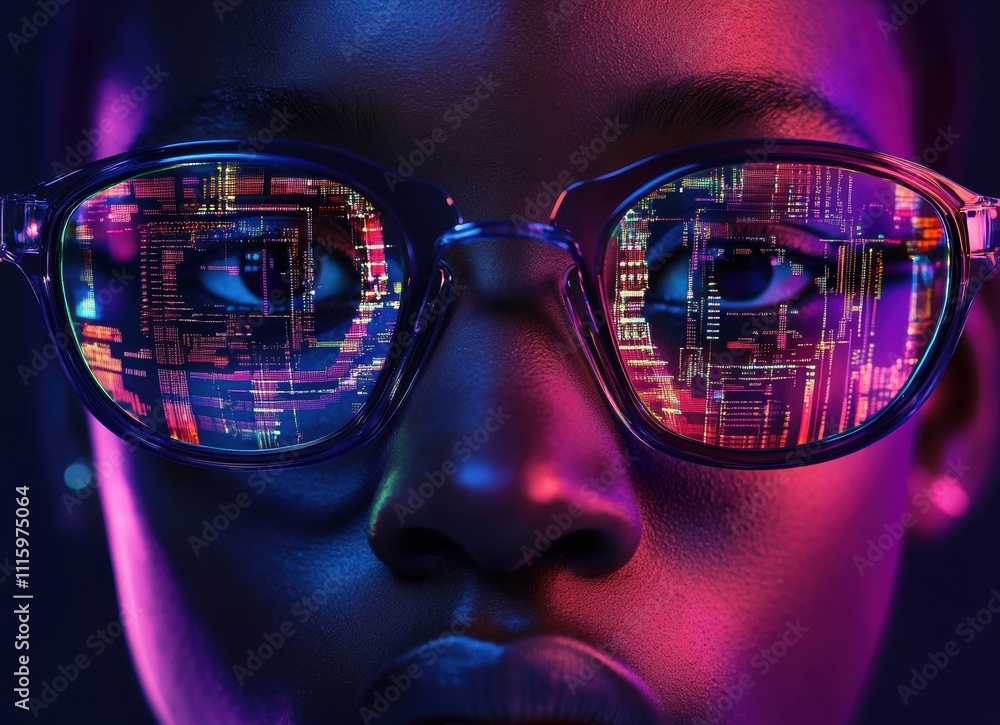 Poster close-up portrait of a young person wearing stylish glasses with reflections of colorful data patter