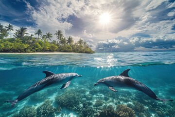 Obraz premium kids-boy and girl- watching fishes in aquarium. Beautiful simple AI generated image