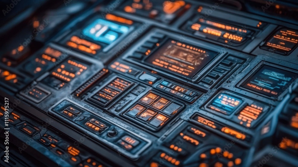Poster futuristic spacecraft control panel with glowing buttons and displays