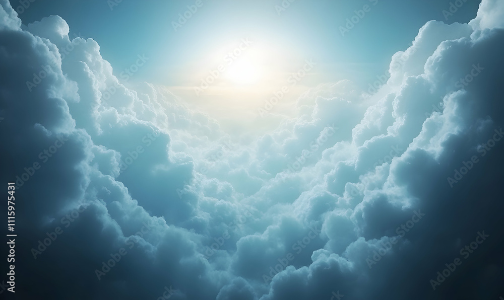 Poster a breathtaking view of a bright sun shining through a dense layer of fluffy cumulus clouds, creating
