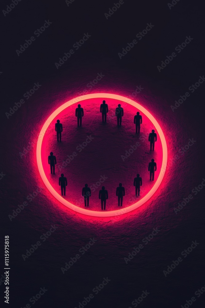 Poster a group of silhouetted figures stands inside a glowing pink circle, creating a mysterious and intrig