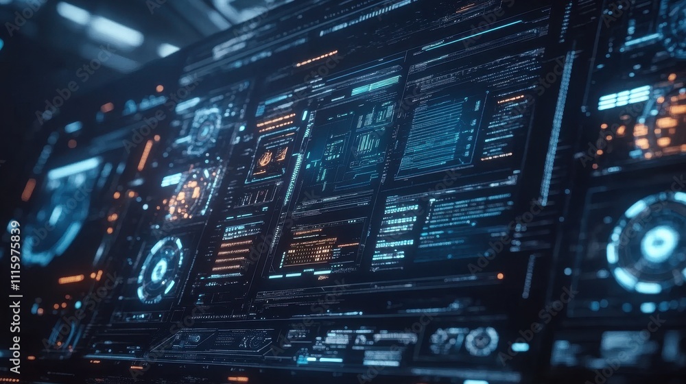 Poster futuristic sci-fi control panel with glowing displays and data