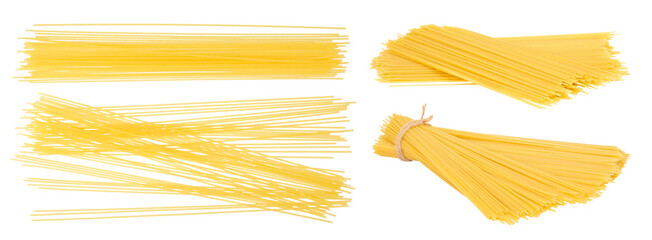 uncooked spaghetti or yellow pasta isolated on white background. Top view. Flat lay