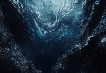 Deep Blue Ocean Abyss with Turbulent Water Waves Captured Underwater, Creating a Mysterious and Enigmatic Atmosphere in a Vast Marine Environment