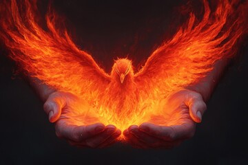 Fototapeta premium A fiery phoenix emerges from open hands, symbolizing rebirth, strength, and transformation against a dark background.