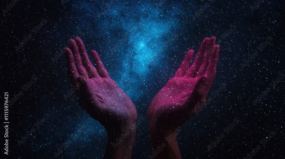 Poster a captivating image of hands holding cosmic elements, surrounded by a starry background, evoking a s
