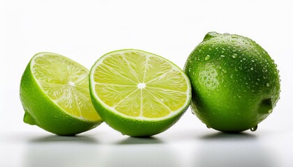 freshly sliced lime halves with water droplets on white background
