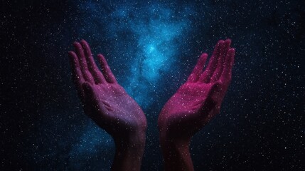 Obraz premium A captivating image of hands holding cosmic elements, surrounded by a starry background, evoking a sense of wonder and connection to the universe.
