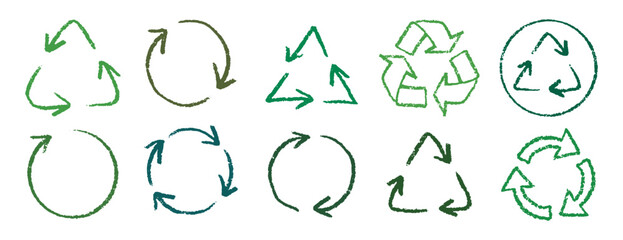 Recycle arrow hand drawn pencil line icon set. Crayon green recycle arrow chalk Icon Vector drawing