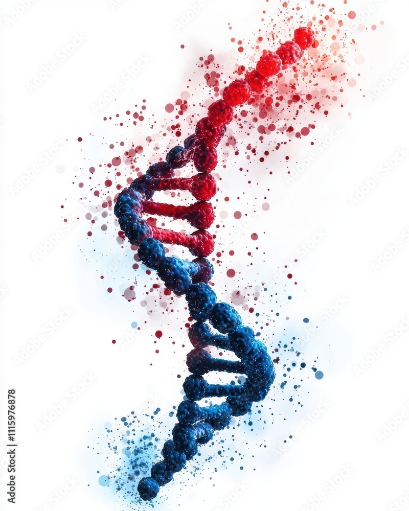 Poster a vibrant depiction of a dna double helix, emphasizing genetic structure with splashes of red and bl
