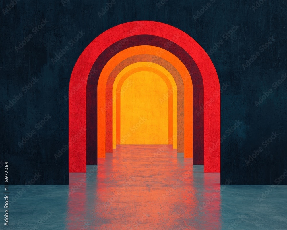 Poster a vibrant abstract image featuring a series of colorful arches leading into a bright, illuminated sp