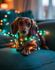 Photo of a brown dachshund wearing fairy lights, sitting on a couch with blue and teal lighting.