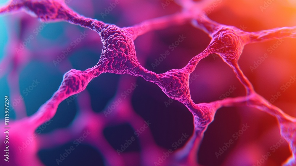 Poster a vibrant close-up of a cell structure showcasing intricate, interconnected networks in shades of pi