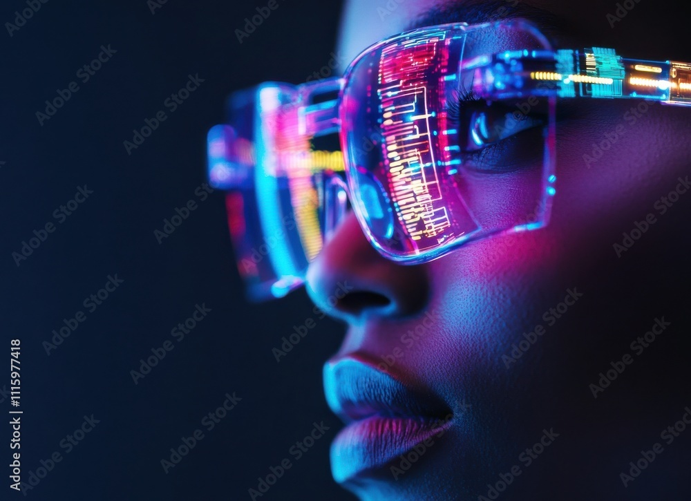 Poster futuristic close-up portrait of a person with neon glasses illuminated by abstract light patterns in