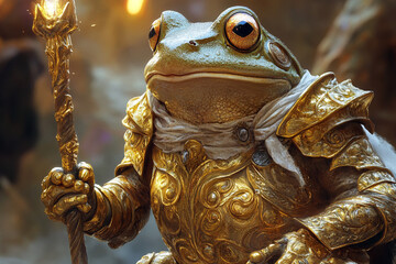 A frog in golden armor holding a magic staff