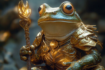 Obraz premium A frog in golden armor holding a magic staff
