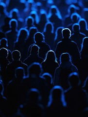 Silhouetted Crowd in Blue Light at Night, Capturing Energy and Unity of a Concert or Festival Atmosphere