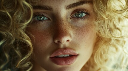 Naklejka premium A close-up portrait of a young woman with curly hair, freckles, and captivating green eyes.