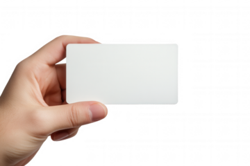A hand is grasping a plain white card against a transparent background, emphasizing the simplicity and versatility of the card. The scene suggests potential uses such as invitations, labels, or busine