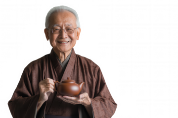 An elderly man dressed in a brown robe stands against a transparent background, holding a brown teapot close to his chest.