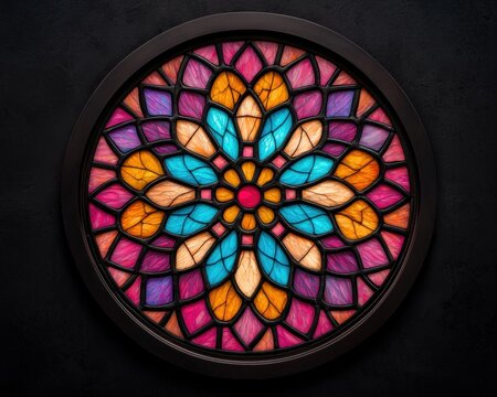 A vibrant stained glass window design featuring a floral pattern in bright colors like blue, orange, and pink against a dark background.