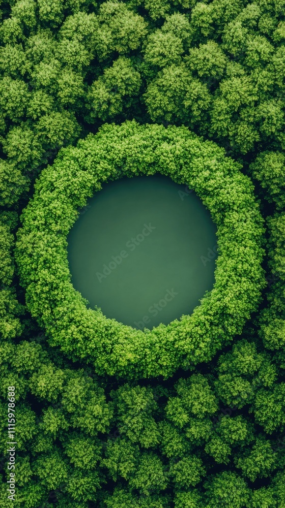 Poster aerial view of lush greenery forming a circular pattern around a tranquil water body, creating a ser
