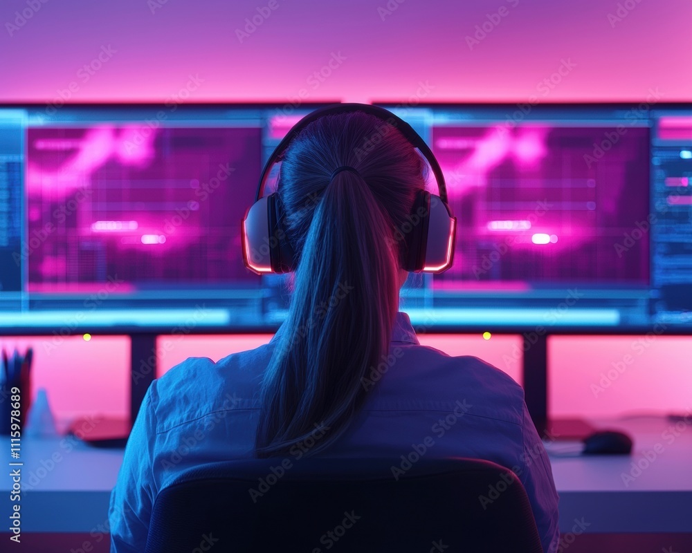 Poster a focused individual wearing headphones, seated in front of dual monitors displaying colorful graphi